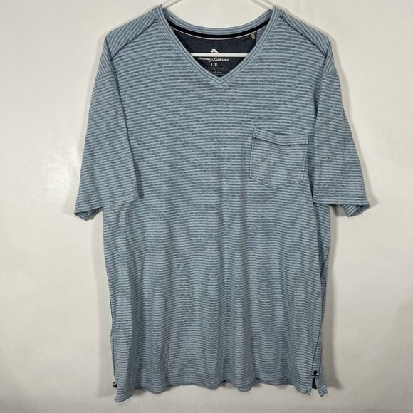 Tommy Bahama V Neck T Shirt Mens Size Large Blue White Striped Cotton Poly Blend - Picture 1 of 10